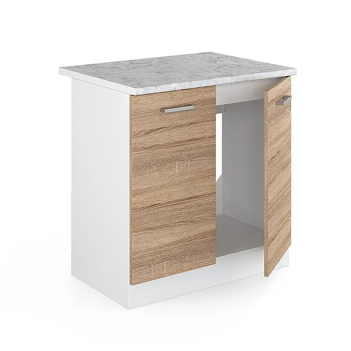 Vicco Schrankküche R-Line Sonoma, AP Marmor - Sonoma, Spülenunterschrank 80 cm - Weißer Küchenunterschrank mit Marmor-Arbeitsplatte, hellen Eicheneffekt-Türen und Chromgriffen, mit offener Nische für ein Spülbecken.