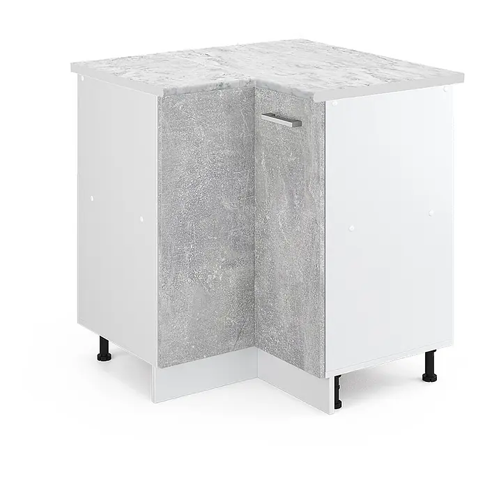 Vicco Schrankküche R-Line Beton, AP Marmor - Beton, Eckunterschrank, AP Marmor - Weißer Kücheneckunterschrank mit grauer Marmor-Arbeitsplatte und Beton-Innenwänden.