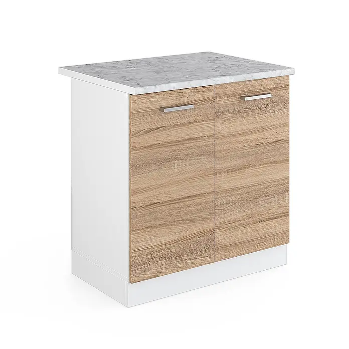 Vicco Schrankküche R-Line Sonoma, AP Marmor - Sonoma, Spülenunterschrank 80 cm - Weißer Schrank mit zwei Holzeffekt-Türen und einer Marmoroptik-Arbeitsplatte.