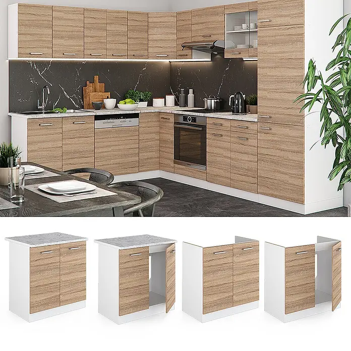 Vicco Schrankküche R-Line Sonoma, AP Eiche - Sonoma, Spülenunterschrank 80 cm - Moderne Küche mit hellen Holzmaserungsschränken, weißen Rahmen, schwarzer Rückwand und weißer Arbeitsplatte.