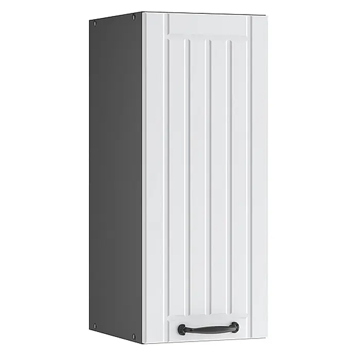 Vicco Schrankküche Fame-Line Weiß Landhaus - Weiß Landhaus, Hängeschrank 30 cm - Weißer Wandschrank mit gerillter Frontplatte, grauer Seite und schwarzem Griff.