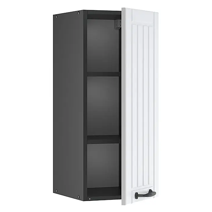 Vicco Schrankküche Fame-Line Weiß Landhaus - Weiß Landhaus, Hängeschrank 30 cm - Dunkelgrauer Hängeschrank mit drei Regalböden und einer geöffneten weißen Kassettentür mit schwarzem Griff.