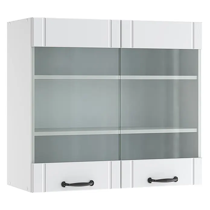 Vicco Schrankküche Fame-Line Weiß Landhaus - Weiß Landhaus, Hängeglasschrank 80 cm - Weißer Hängeschrank mit zwei satinierten Glastüren, dahinter Regalböden, und zwei unteren Schubladen mit schwarzen Griffen.