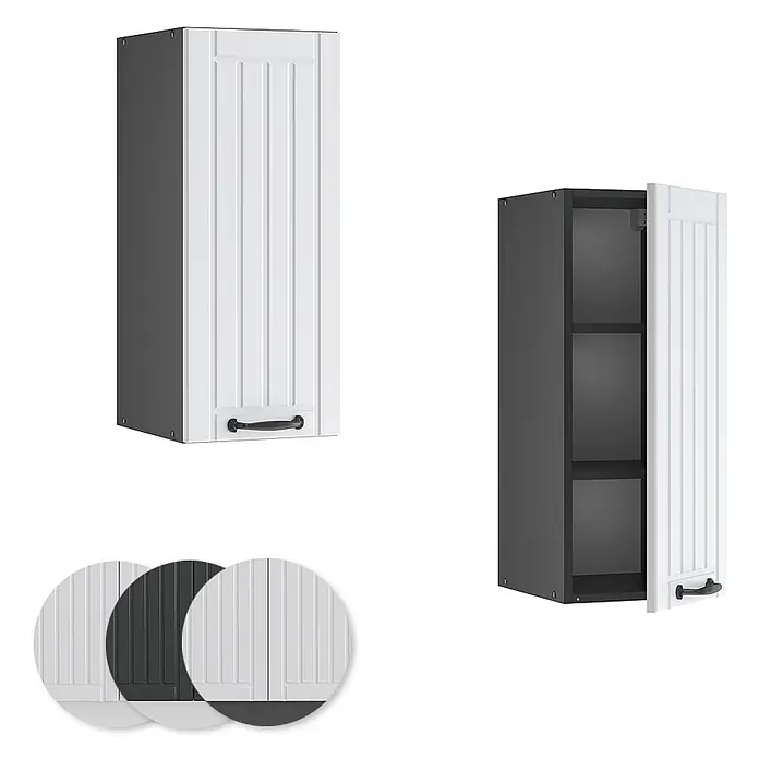 Vicco Schrankküche Fame-Line Weiß Landhaus - Weiß Landhaus, Hängeschrank 30 cm - Weißer Küchenhängeschrank mit gerippter Tür und dunkelgrauem Korpus, geschlossen und geöffnet. Inklusive Farbmuster.