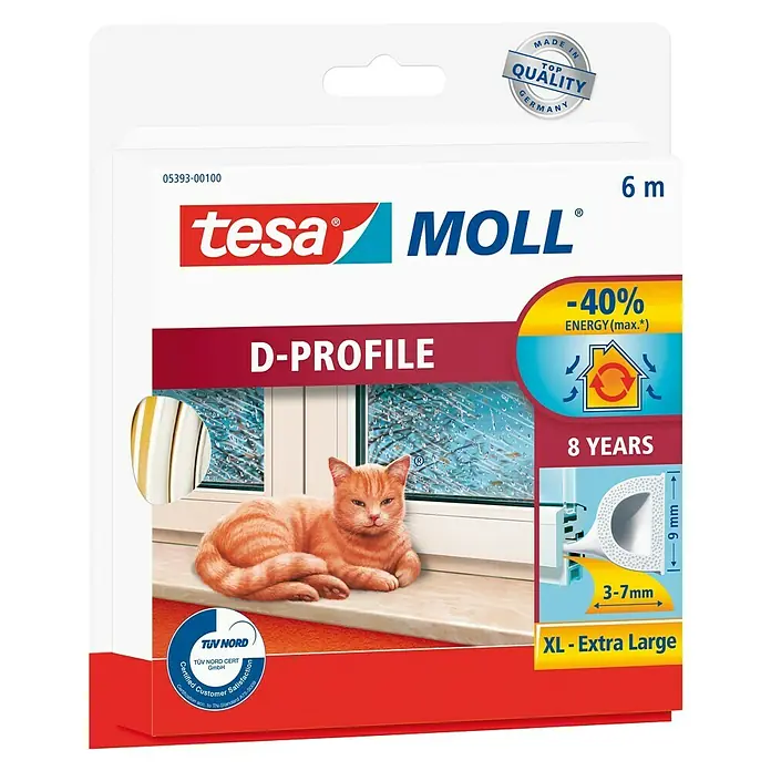 Tesa INSULATION Junta de perfil en D - Blanco, 6 m - Embalaje del producto de cinta aislante Tesa Moll D-Profile, XL-Extra Large, para aislar ventanas y puertas, con un gato en el alféizar.