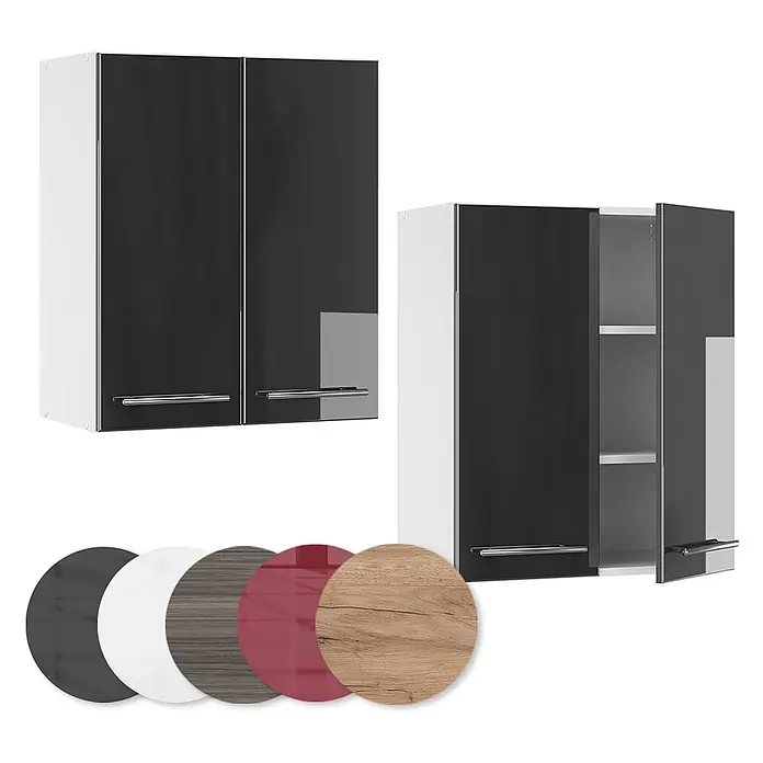 Vicco Schrankküche Fame-Line Anthrazit Hochglanz - Anthrazit Hochglanz, Hängeschrank 60 cm - Zwei Küchenoberschränke mit schwarzen Hochglanztüren, weißen Seiten und Chromgriffen. Inkl. Farb-/Materialmuster.