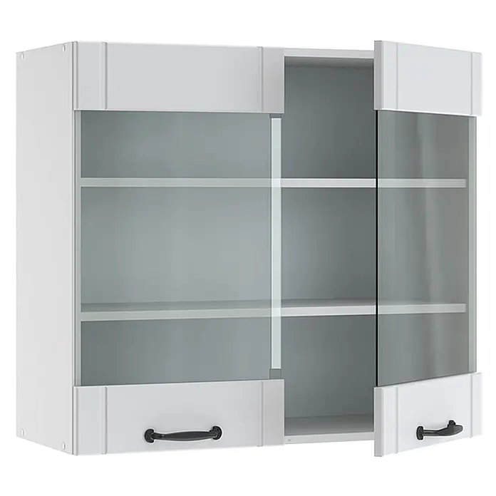 Vicco Schrankküche Fame-Line Weiß Landhaus - Weiß Landhaus, Hängeglasschrank 80 cm - Weißer Wandschrank mit Glastüren und zwei Schubladen, eine Tür und eine Schublade offen.