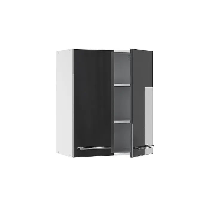 Vicco Schrankküche Fame-Line Anthrazit Hochglanz - Anthrazit Hochglanz, Hängeschrank 60 cm - Zweitüriger Hängeschrank in Schwarz-Weiß mit silbernen Griffen. Die rechte Tür ist geöffnet und zeigt die Innenregale.
