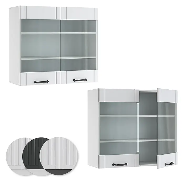 Vicco Schrankküche Fame-Line Weiß Landhaus - Weiß Landhaus, Hängeglasschrank 80 cm - Weißer Oberschrank mit gerillten Paneelen, mattierten Glastüren, zwei Untertüren mit schwarzen Griffen, Regalböden und Farbmustern.