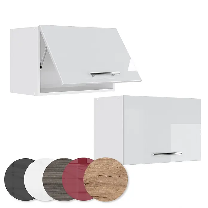 Vicco Schrankküche Fame-Line Weiß Hochglanz Flach - Weiß Hochglanz, Hängeschrank 60 cm (flach) - Zwei glänzende weiße Hängeschränke, einer offen mit Gasfeder. Farbmuster zeigen Schwarz, Weiß, Holz, Rot und helles Holz.