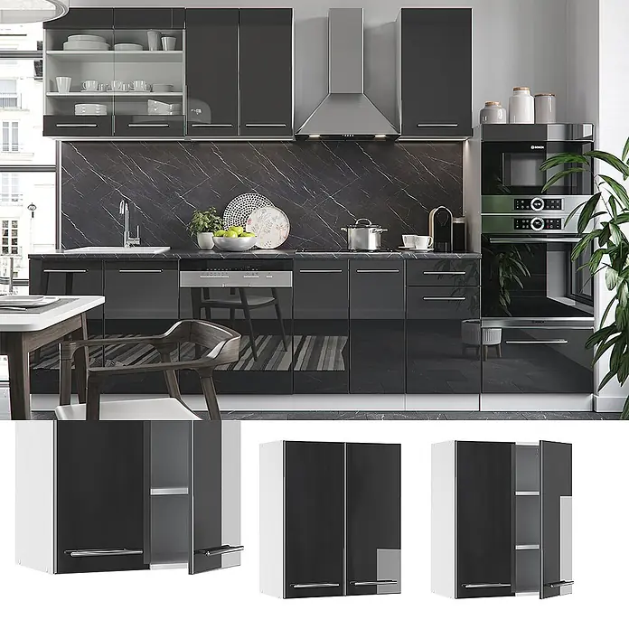 Vicco Schrankküche Fame-Line Anthrazit Hochglanz - Anthrazit Hochglanz, Hängeschrank 60 cm - Moderne, hochglanz Anthrazit Küchenschränke mit Chromgriffen, teils geöffnet.