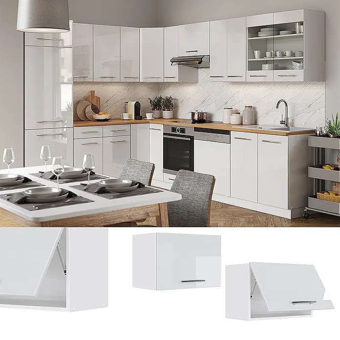 Vicco Schrankküche Fame-Line Weiß Hochglanz Flach - Weiß Hochglanz, Hängeschrank 60 cm (flach) - Moderne weiße Hochglanz-Einbauküche mit verschiedenen Schränken und Klapptüren.