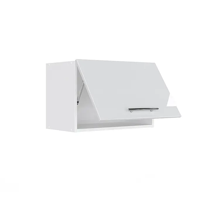 Vicco Schrankküche Fame-Line Weiß Hochglanz Flach - Weiß Hochglanz, Hängeschrank 60 cm (flach) - Weißer Wandschrank mit glänzender, teilweise geöffneter Tür, Gasfeder und silbernem Griff.