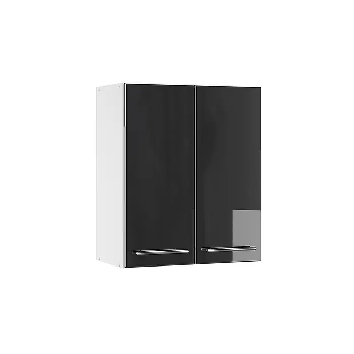 Vicco Schrankküche Fame-Line Anthrazit Hochglanz - Anthrazit Hochglanz, Hängeschrank 60 cm - Weißer Wandschrank mit zwei dunklen Hochglanztüren und silbernen Griffen.