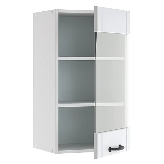 Vicco Schrankküche Fame-Line Weiß Landhaus - Weiß Landhaus, Hängeglasschrank 40 cm - Weißer Küchenhängeschrank mit offenen Fächern und einer teilverglasten Tür mit dunklem Griff.