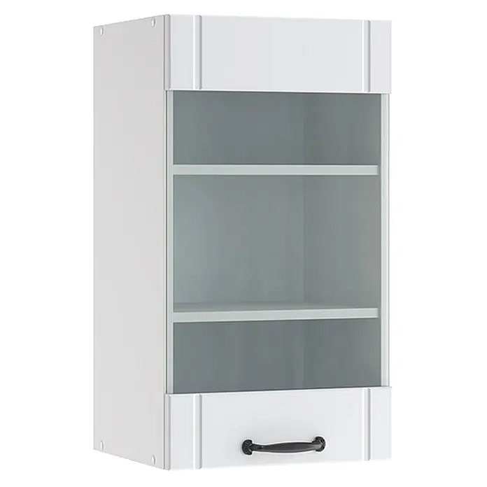 Vicco Schrankküche Fame-Line Weiß Landhaus - Weiß Landhaus, Hängeglasschrank 40 cm - Weißer Hängeschrank mit Glasfront, Einlegeböden und schwarzem Griff an der unteren Tür.