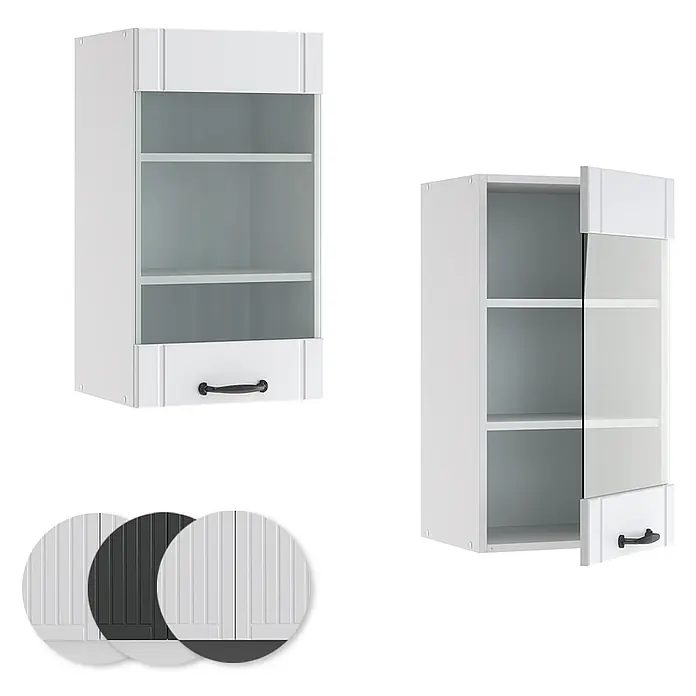 Vicco Schrankküche Fame-Line Weiß Landhaus - Weiß Landhaus, Hängeglasschrank 40 cm - Weißer Wandschrank mit Glastür, Einlegeböden, Griff und Farbmustern (weiß, dunkelgrau).