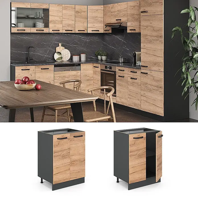 Vicco Schrankküche R-Line Goldkraft Eiche ohne Arbeitsplatte - Goldkraft Eiche, Unterschrank 60 cm - Küchenunterschrank in Holzoptik mit dunkelgrauem Rahmen und schwarzen Griffen, geschlossen und offen mit Einlegeboden gezeigt.
