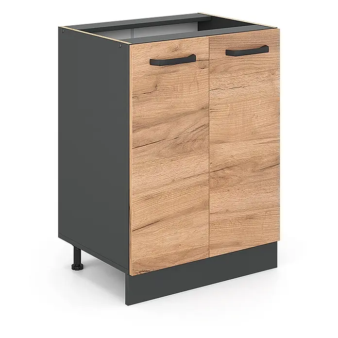 Vicco Schrankküche R-Line Goldkraft Eiche ohne Arbeitsplatte - Goldkraft Eiche, Unterschrank 60 cm - Zweitüriger Küchenunterschrank mit dunkelgrauem Korpus, hellen Holzfronten, schwarzen Griffen und dunkelgrauem Sockel.