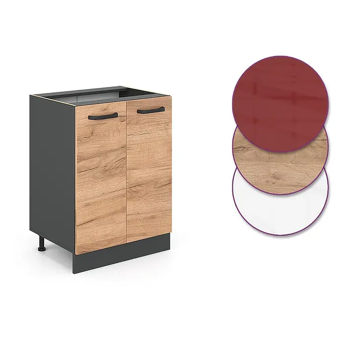 Vicco Schrankküche R-Line Goldkraft Eiche ohne Arbeitsplatte - Goldkraft Eiche, Unterschrank 60 cm - Küchenunterschrank: dunkelgrauer Korpus, helle Holztüren mit schwarzen Griffen. Dargestellt mit roten, Holzmaserungs- und weißen Materialmustern.