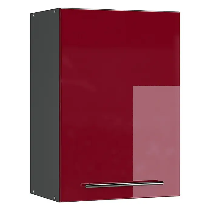 Vicco Schrankküche Fame-Line Bordeaux Hochglanz - Bordeaux Hochglanz, Hängeschrank 50 cm - Wandschrank mit roter Hochglanztür, grauem Korpus und silbernem Stangengriff.