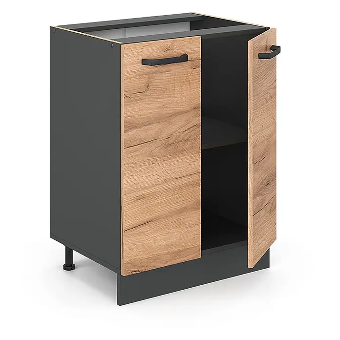 Vicco Schrankküche R-Line Goldkraft Eiche ohne Arbeitsplatte - Goldkraft Eiche, Unterschrank 60 cm - Dunkelgrauer Küchenunterschrank mit zwei Holzoptiktüren, eine offen, mit Ablage und schwarzen Griffen.