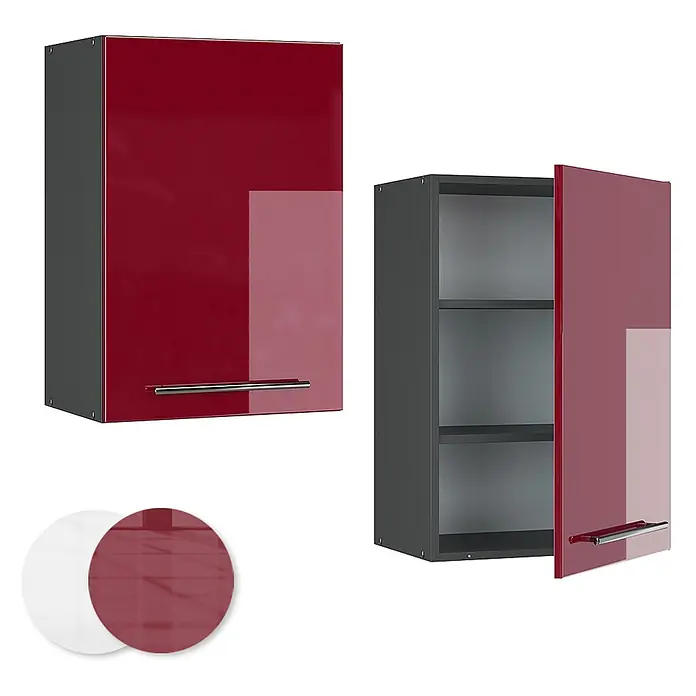 Vicco Schrankküche Fame-Line Bordeaux Hochglanz - Bordeaux Hochglanz, Hängeschrank 50 cm - Set aus zwei hochglänzenden bordeauxroten Wandschränken mit dunkelgrauem Korpus und Griffen, einer offen mit Regalen, einer geschlossen. Farbmuster dabei.
