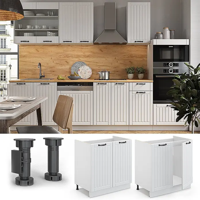 Vicco Schrankküche Fame-Line Weiß Landhaus, AP Anthrazit - Weiß Landhaus, Spülenunterschrank 80 cm, AP Anthrazit - Modulare weiße Landhausküche mit Holzdetails und verstellbaren Füßen in einer kompletten Küchenumgebung.