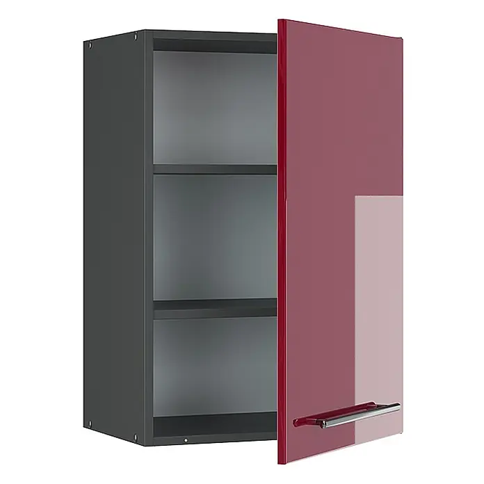 Vicco Schrankküche Fame-Line Bordeaux Hochglanz - Bordeaux Hochglanz, Hängeschrank 50 cm - Dunkelgrauer Wandschrank mit glänzender roter Tür und silbernem Griff, teilweise offen mit drei Einlegeböden.