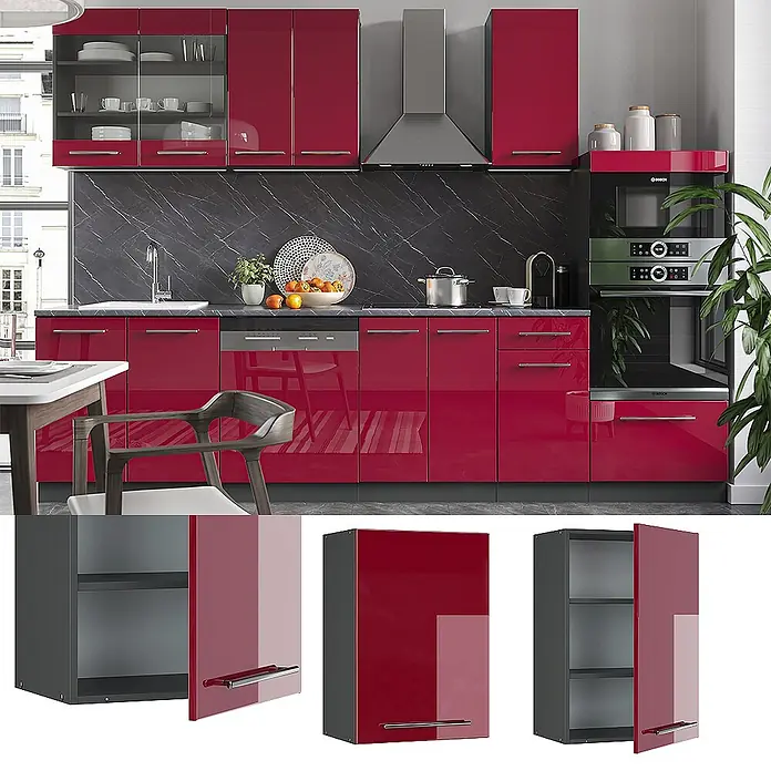 Vicco Schrankküche Fame-Line Bordeaux Hochglanz - Bordeaux Hochglanz, Hängeschrank 50 cm - Moderne rote Hochglanz-Küchenschränke mit integrierten Geräten und dunkler Arbeitsplatte in einer zeitgenössischen Küche.