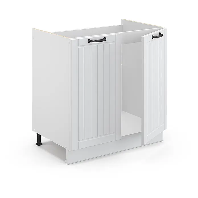 Vicco Schrankküche Fame-Line Weiß Landhaus, AP Anthrazit - Weiß Landhaus, Spülenunterschrank 80 cm, AP Anthrazit - Weißer Eckunterschrank mit zwei Lamellentüren, eine offen, schwarzen Griffen, verstellbaren Füßen und Sockel.