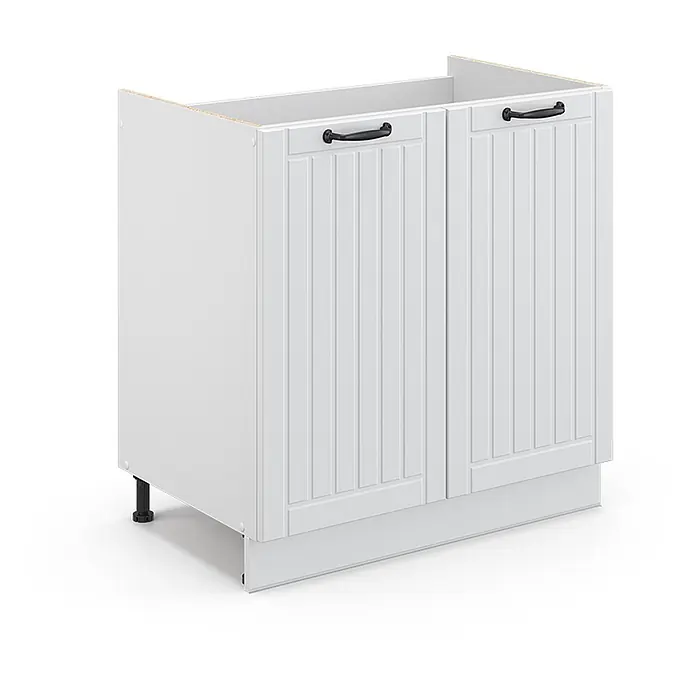 Vicco Schrankküche Fame-Line Weiß Landhaus ohne Arbeitsplatte - Weiß Landhaus, Spülenunterschrank 80 cm - Weißer Küchenunterschrank mit zwei Kassettentüren und schwarzen Griffen, auf verstellbaren Füßen.