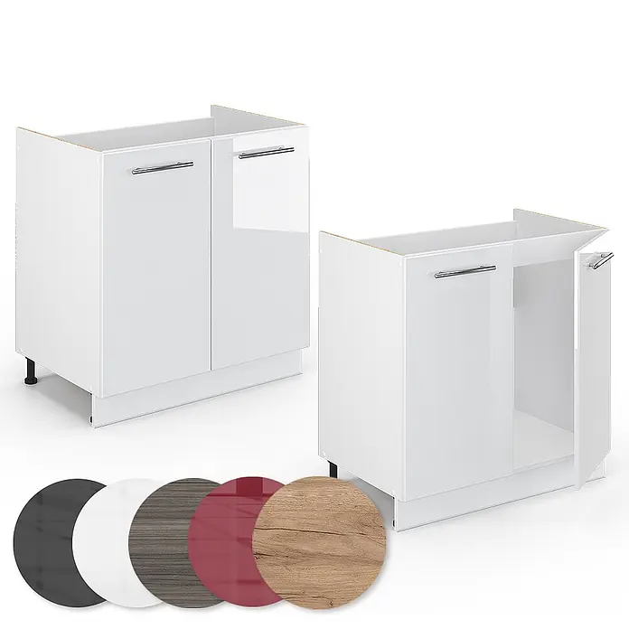 Vicco Schrankküche Fame-Line Weiß Hochglanz ohne Arbeitsplatte - Weiß Hochglanz, Spülenunterschrank 80 cm - Zwei weiße Hochglanz-Küchenunterschränke mit silbernen Griffen, einer geschlossen, einer offen, mit Farbmuster.