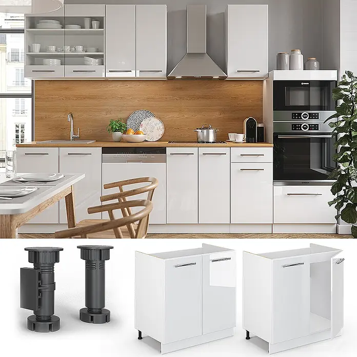 Vicco Schrankküche Fame-Line Weiß Hochglanz ohne Arbeitsplatte - Weiß Hochglanz, Spülenunterschrank 80 cm - Weiße Hochglanz-Küchenschränke mit verstellbaren Füßen, bilden eine funktionale Küche.