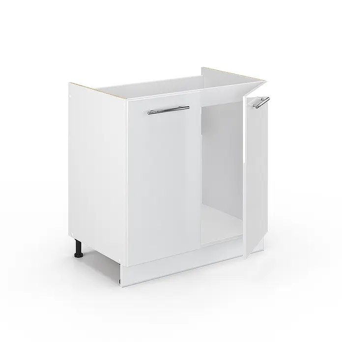 Vicco Schrankküche Fame-Line Weiß Hochglanz ohne Arbeitsplatte - Weiß Hochglanz, Spülenunterschrank 80 cm - Weißer Küchenunterschrank mit zwei Türen, eine offen, mit Ablage und verstellbaren Füßen.