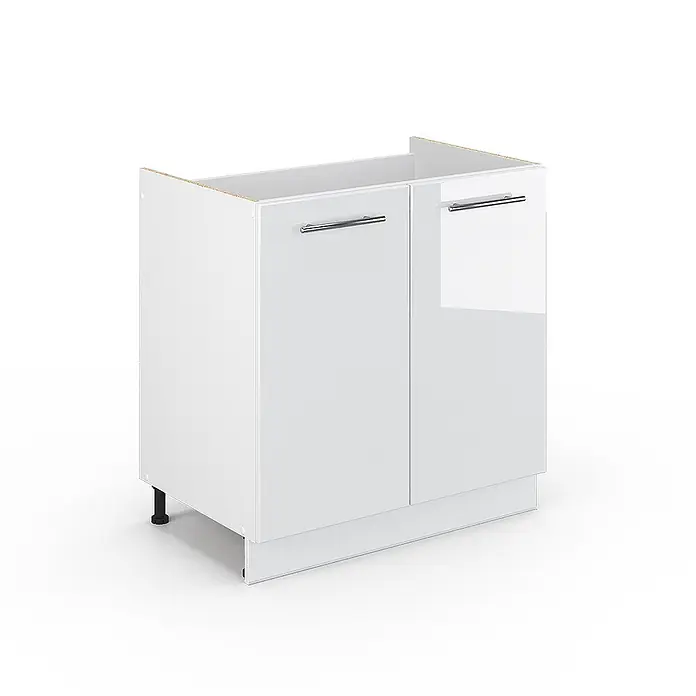 Vicco Schrankküche Fame-Line Weiß Hochglanz ohne Arbeitsplatte - Weiß Hochglanz, Spülenunterschrank 80 cm - Weißer Hochglanz-Spülunterschrank mit zwei Türen und Chromgriffen.