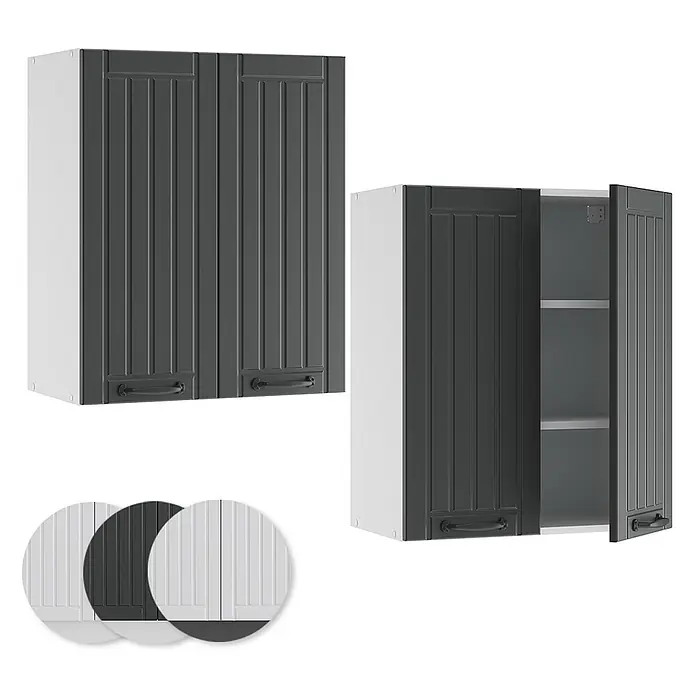 Vicco Schrankküche Fame-Line Anthrazit Landhaus - Anthrazit Landhaus, Hängeschrank 60 cm - Weißer Küchenhängeschrank mit dunkelgrauen Kassettentüren. Gezeigt mit geöffneten Türen und Farbmustern in Weiß, Grau, Dunkelgrau.