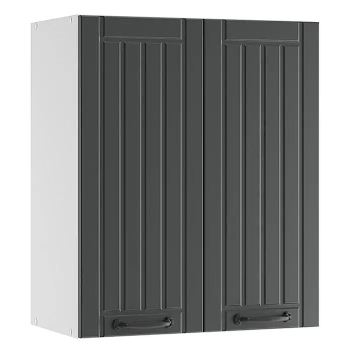 Vicco Schrankküche Fame-Line Anthrazit Landhaus - Anthrazit Landhaus, Hängeschrank 60 cm - Dunkelgrauer Wandschrank mit zwei geriffelten Türen und Ziergriffen, weißen Seitenwänden.