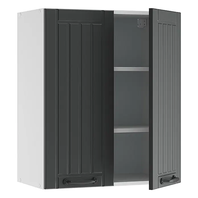 Vicco Schrankküche Fame-Line Anthrazit Landhaus - Anthrazit Landhaus, Hängeschrank 60 cm - Dunkelgrauer Küchenhängeschrank mit Paneeltüren, eine Tür offen mit zwei Einlegeböden.