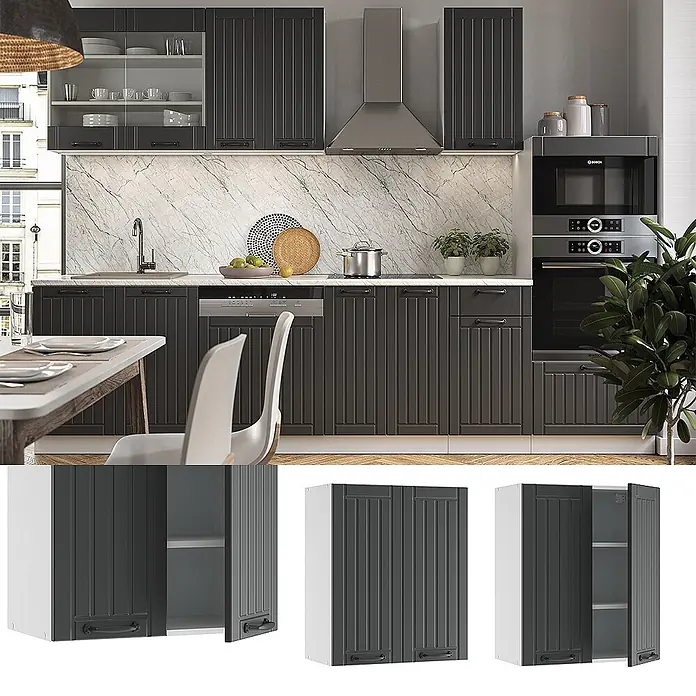 Vicco Schrankküche Fame-Line Anthrazit Landhaus - Anthrazit Landhaus, Hängeschrank 60 cm - Moderne dunkelgraue Küchenschränke mit vertikaler Paneelierung und schwarzen Griffen, in kompletter Kücheneinrichtung gezeigt.