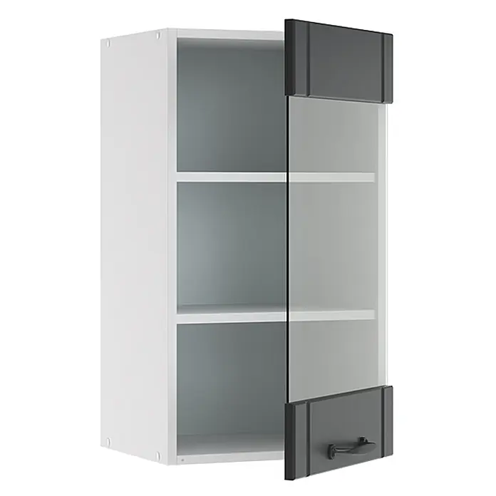 Vicco Schrankküche Fame-Line Anthrazit Landhaus - Dunkelgrau, Hängeglasschrank 40 cm - Weißer Wandschrank mit grauem Innenraum, Glastür, dunkelgrauen Paneelen und Griff.