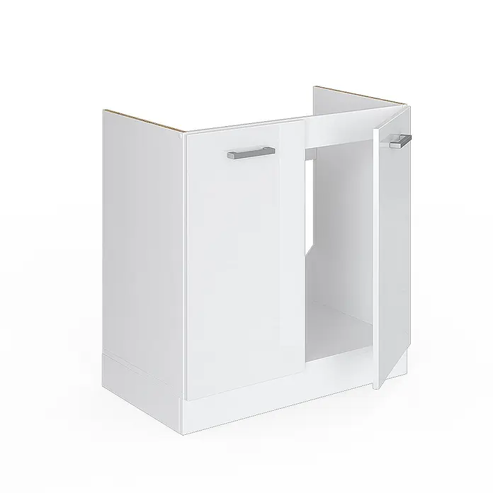 Vicco Schrankküche R-Line Weiß Hochglanz ohne Arbeitsplatte - Weiß Hochglanz, Spülenunterschrank 80 cm - Weißer Hochglanz-Küchenunterschrank mit zwei Türen, eine geöffnet, mit silbernen Griffen.