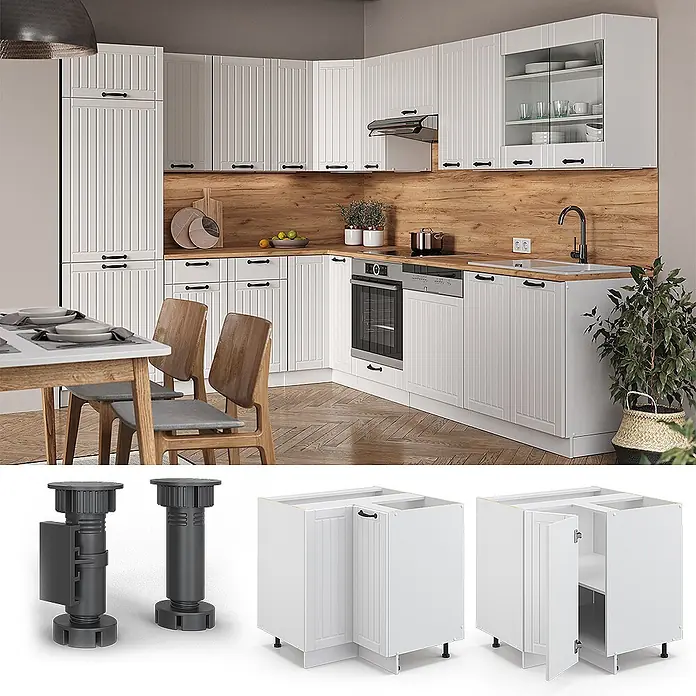 Vicco Schrankküche Fame-Line Weiß Landhaus, AP Anthrazit - Weiß Landhaus, Eckunterschrank, AP Anthrazit - Moderne weiße Küchenschränke mit vertikaler Verkleidung und schwarzen Griffen, Holzwandverkleidung und Einbaugeräten.