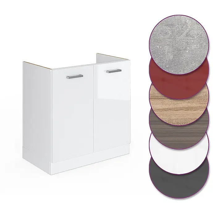 Vicco Schrankküche R-Line Weiß Hochglanz ohne Arbeitsplatte - Weiß Hochglanz, Spülenunterschrank 80 cm - Weißer Küchenunterschrank mit zwei Türen, Griffen und verschiedenen Materialmustern.