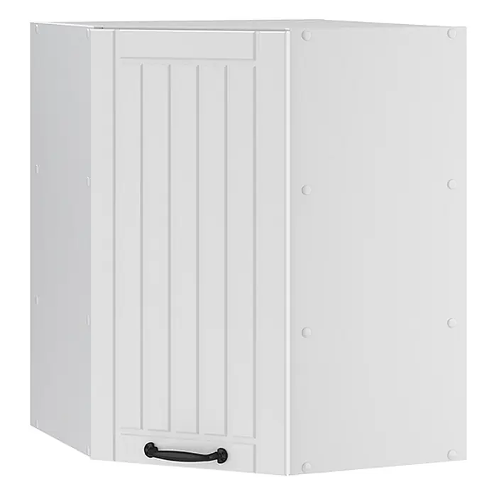 Vicco Schrankküche Fame-Line Weiß Landhaus - Weiß Landhaus, Eckhängeschrank 57 cm - Weißer Eckhängeschrank mit vertikal getäfelter Tür und schwarzem Griff.