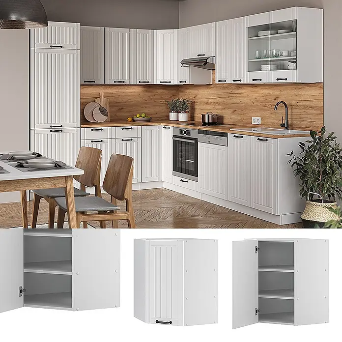 Vicco Schrankküche Fame-Line Weiß Landhaus - Weiß Landhaus, Eckhängeschrank 57 cm - Weiße modulare Küchenschränke mit Paneeldesign und schwarzen Griffen, in einer modernen Küche installiert.