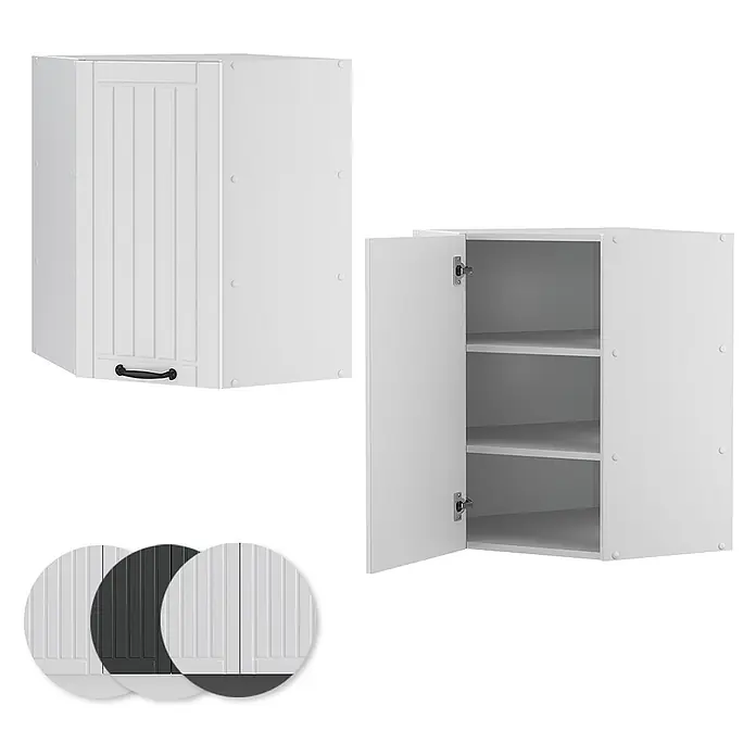 Vicco Schrankküche Fame-Line Weiß Landhaus - Weiß Landhaus, Eckhängeschrank 57 cm - Weiße Eck-Hängeschränke, einer geschlossen mit geriffelter Tür und schwarzem Griff, einer offen mit Einlegeböden. Farbmuster inklusive.