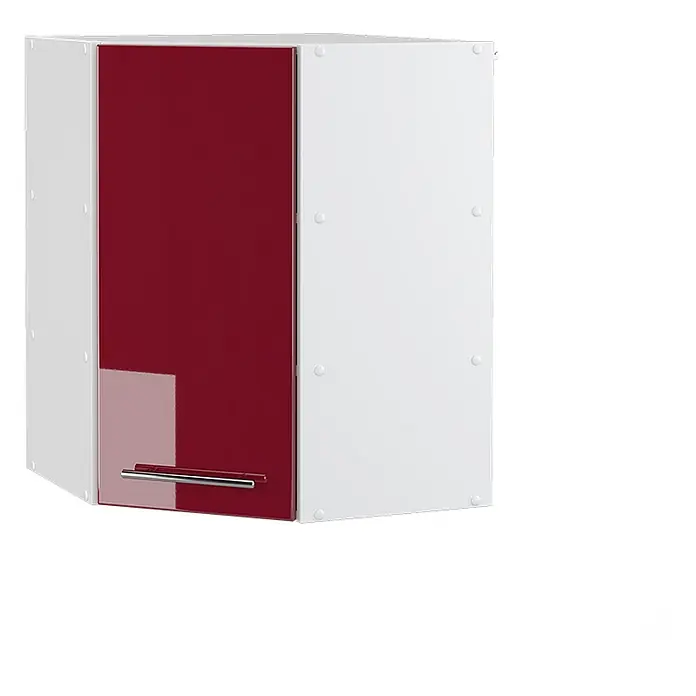 Vicco Schrankküche Fame-Line Bordeaux Hochglanz - Bordeaux Hochglanz, Eckhängeschrank 57 cm - Weißer Eck-Hängeschrank mit hochglänzender roter Tür und silbernem Griff.