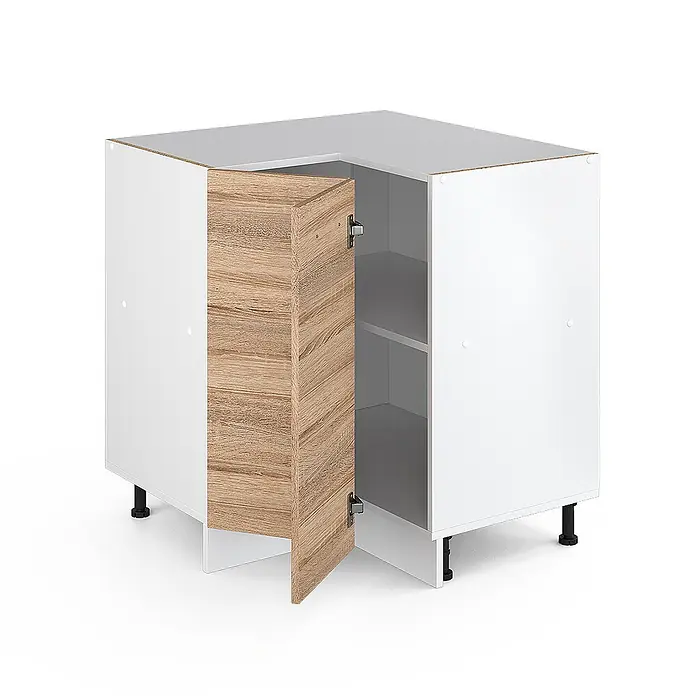 Vicco Schrankküche R-Line Sonoma, AP Eiche - Sonoma, Eckunterschrank, AP Eiche - Weißer Eckunterschrank mit offener heller Eiche-Effekt-Tür, der Regalböden zeigt, auf schwarzen Füßen.