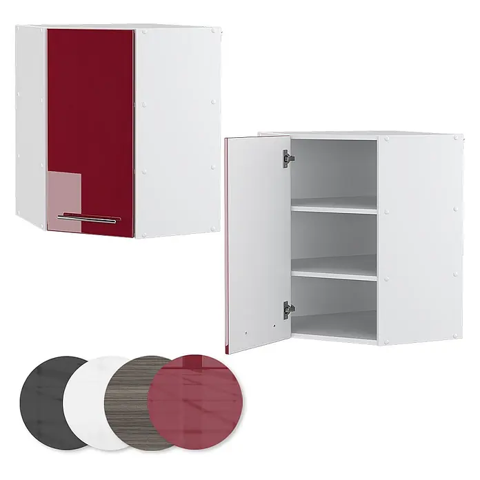 Vicco Schrankküche Fame-Line Bordeaux Hochglanz - Bordeaux Hochglanz, Eckhängeschrank 57 cm - Weißer Wandschrank mit hochglänzend roter Tür, geschlossen und offen mit zwei Regalböden. Farbmuster: Dunkelgrau, Weiß, Holz, Rot.